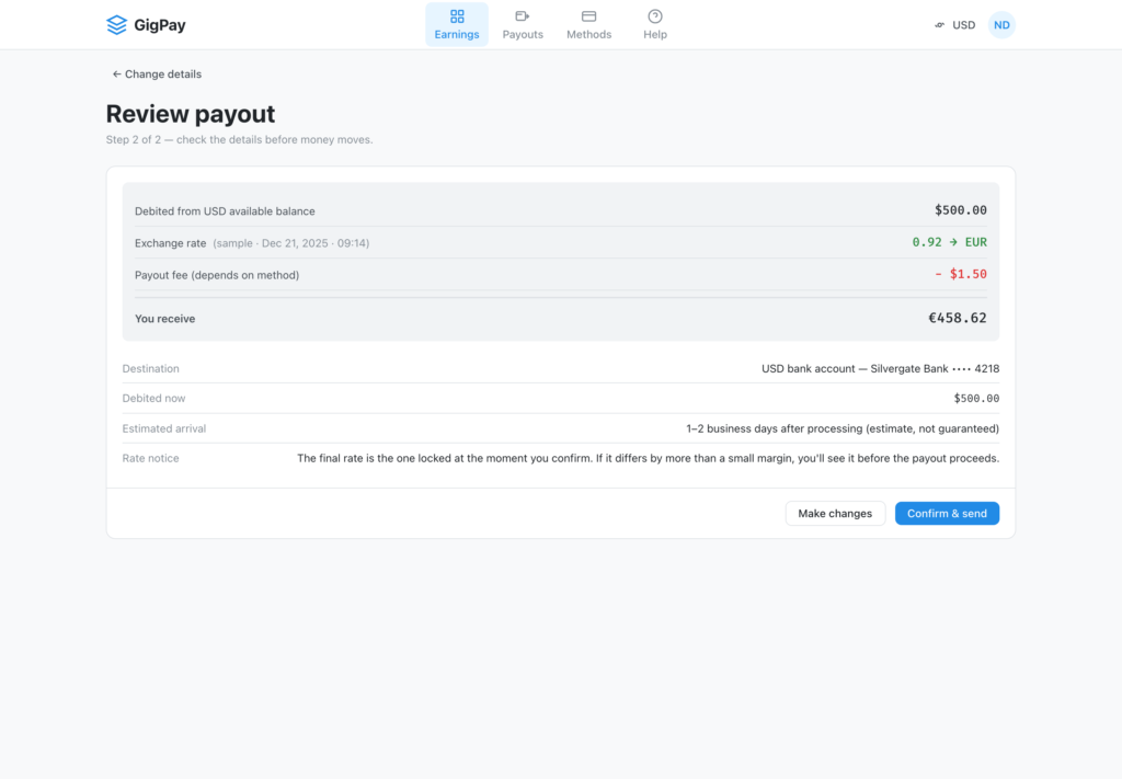 GigPay payout review screen showing debited amount, exchange rate, payout fee, and the net amount received