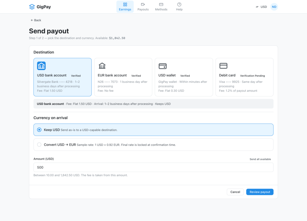 GigPay payout setup screen with destination cards, a live fee and arrival summary strip, and amount entry